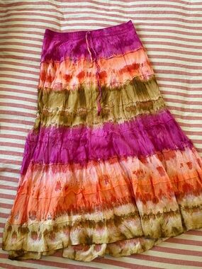 Tie-Dye Tiered Maxi Skirt in Pink, Orange & Olive